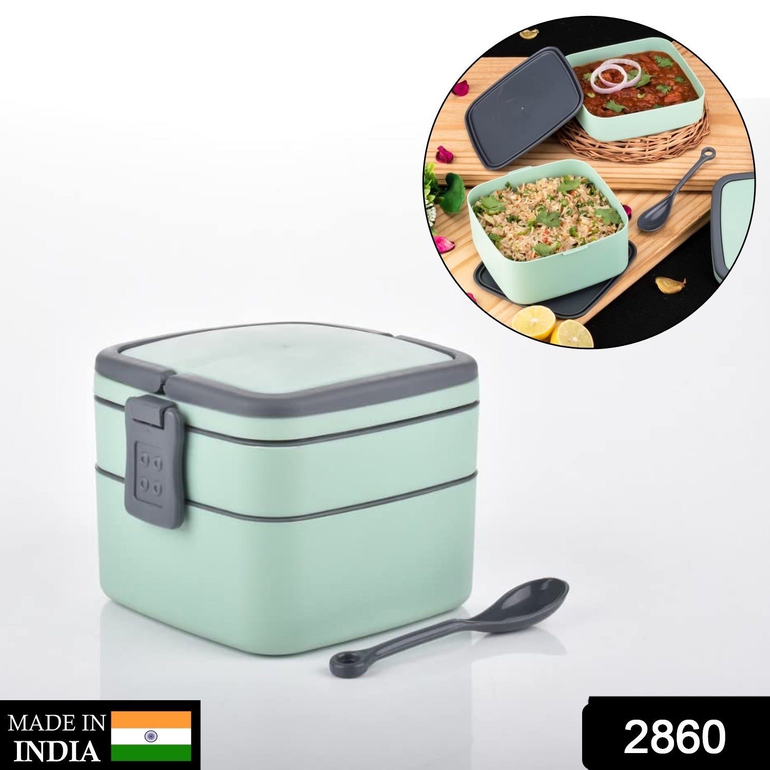 Stackable green bento box with carrying handle Stackable green bento box with carrying handle